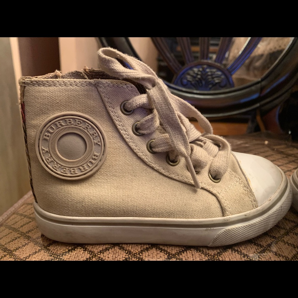 Children Burberry high top sneakers (authentic) tan in good condition.